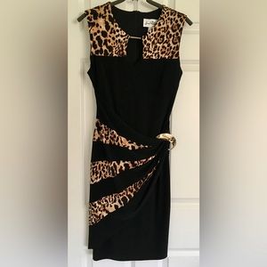 Flattering sleeveless LBD with leopard and gold metal details